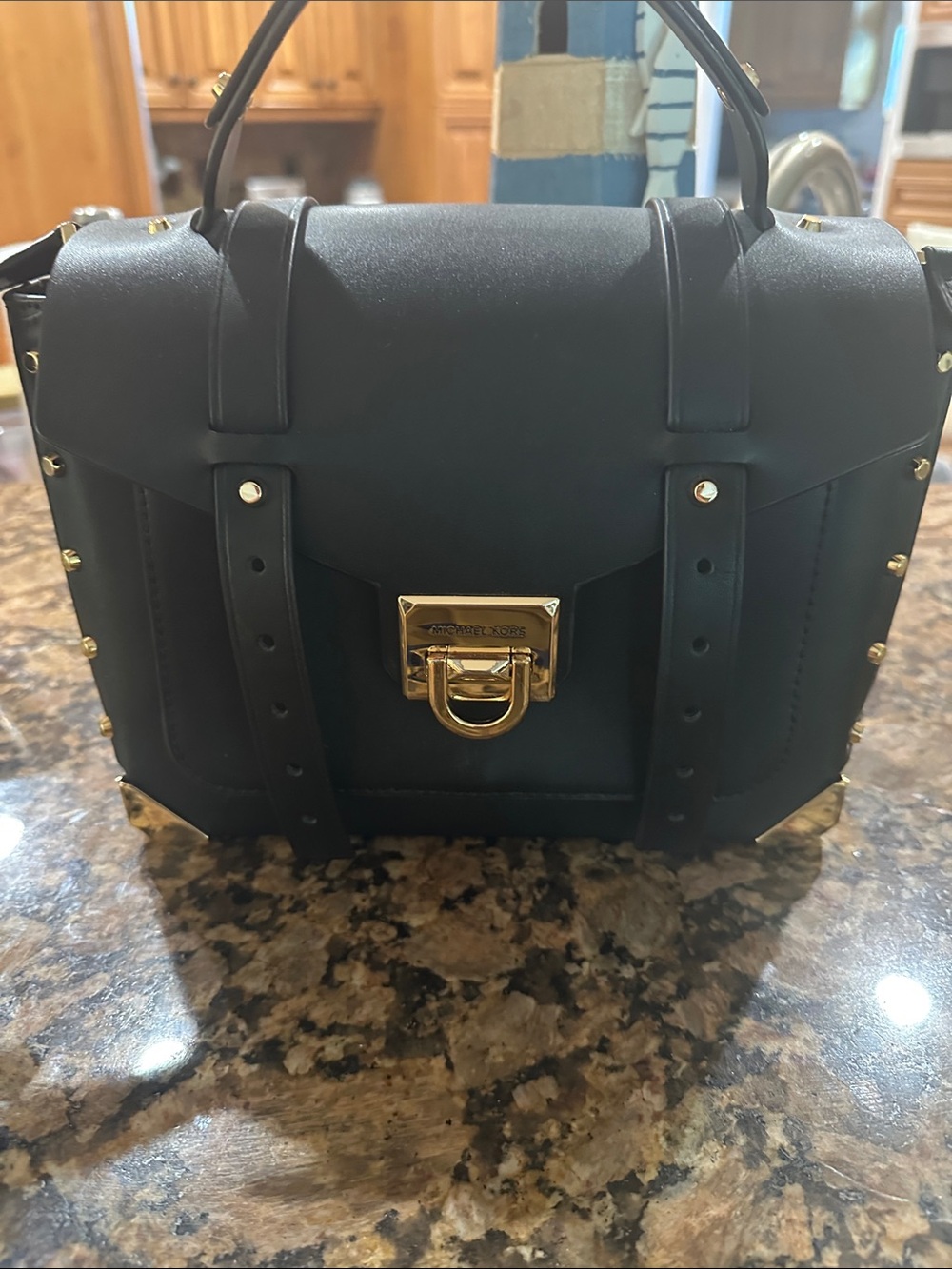 Michael Kors Black Satchel with Gold-Tone Lock and Stud Accents
